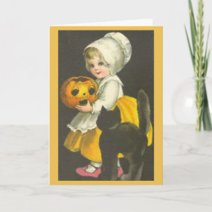 Tarjeta de Halloween del vintage del gato negro de