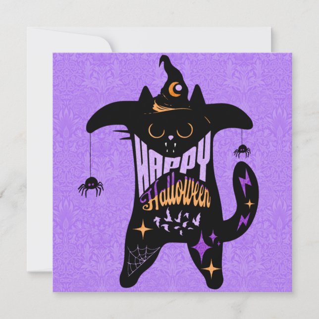 Tarjeta de Halloween divertida bruja de gato negro (Anverso)