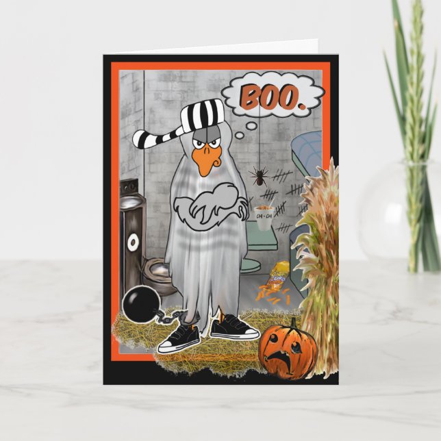 Tarjeta de Halloween fantasma para aves en la cárc (Anverso)
