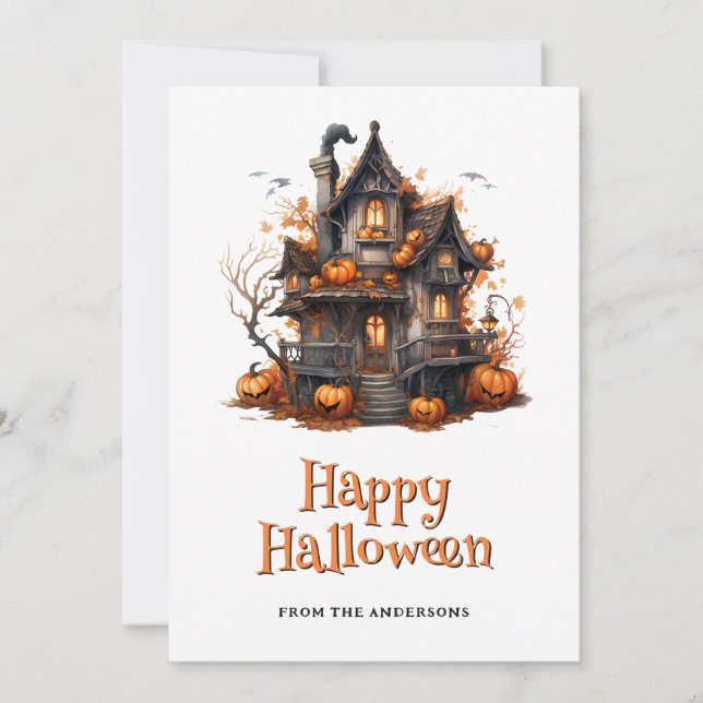 Tarjeta de Halloween fantasma para la casa de las  (Anverso)