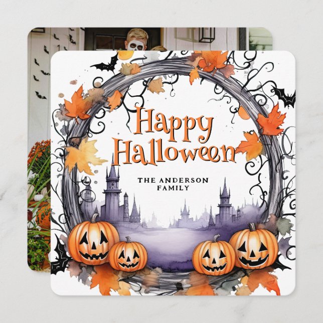Tarjeta de Halloween Feliz Bats Watercolor Bats (Anverso / Reverso)