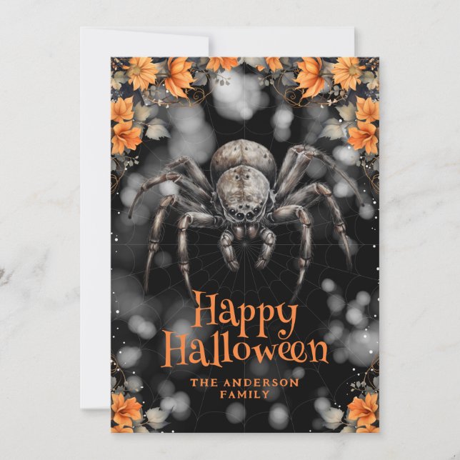 Tarjeta de Halloween Feliz Floral de Araña Miserab (Anverso)