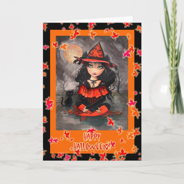 Tarjeta de Halloween  Gato Bruja de Molly Harrison (Anverso)