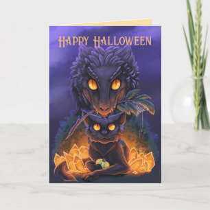 Tarjeta de Halloween Gato Negro y Dinosaurio, text