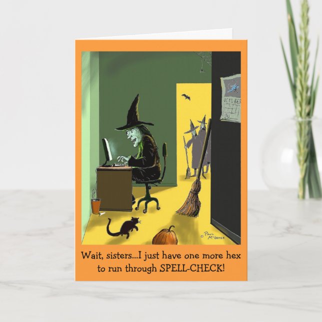 Tarjeta de Halloween Green Weenii "Spell Check" (Anverso)