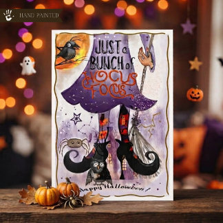 Tarjeta de Halloween Hocus Focus con piernas de br