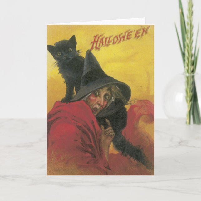 Tarjeta de Halloween para Brujas y Gatos Negros (Anverso)