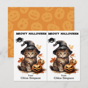 Tarjeta de Halloween para fiesta escolar de Gatito