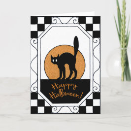 Tarjeta de Halloween para gato negro vintage y lun