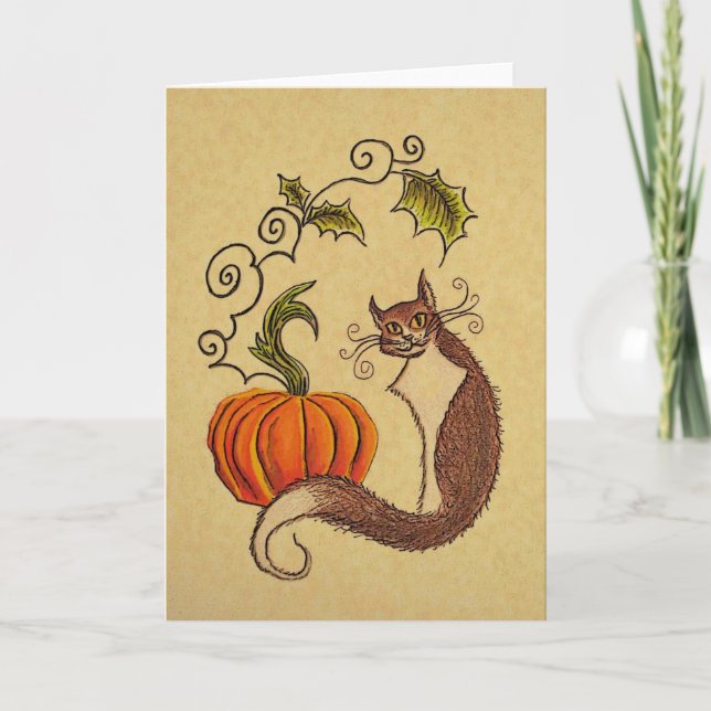Tarjeta de Halloween para gatos y calabaza (Anverso)