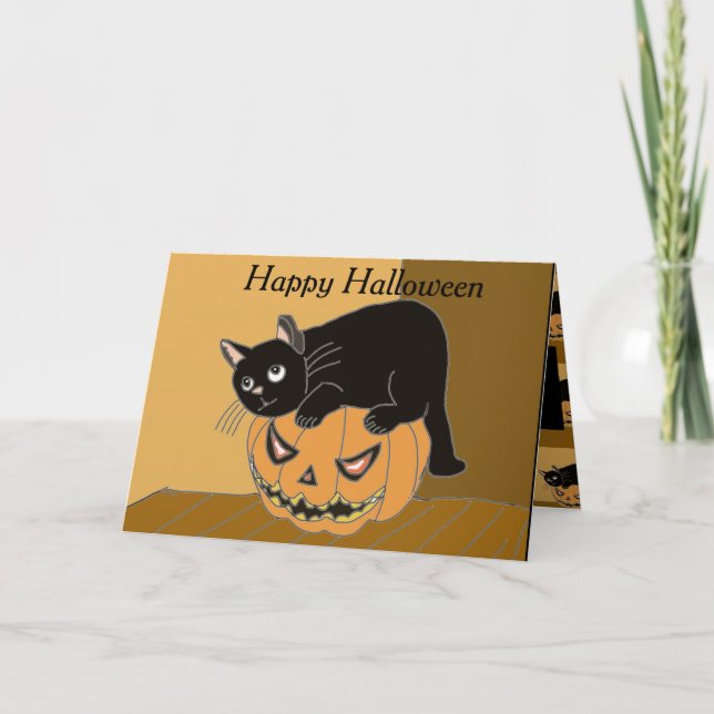 Tarjeta de Halloween para gatos y calabaza (Anverso)