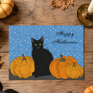 Tarjeta de Halloween para Gatos y Calabazas Negro 