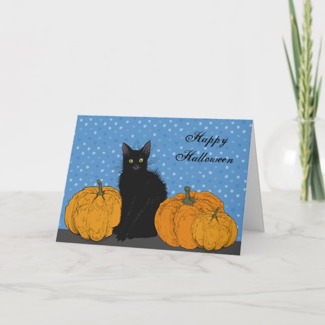 Tarjeta de Halloween para gatos y calabazas negros (Anverso)