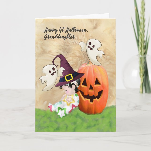 Tarjeta de Halloween para nieta con bebé, fantasma (Anverso)