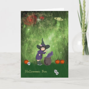 Tarjeta de Halloween para niños con bruja y poción
