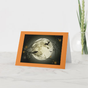 Tarjeta de Halloween que ilustra una luna llena, y