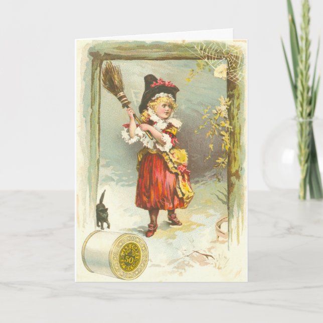 Tarjeta de Halloween victoriana con bruja chica y  (Anverso)