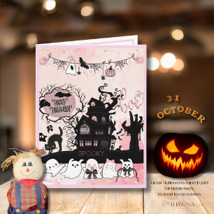 Tarjeta de Halloween Whimsical Rosada y Negra para