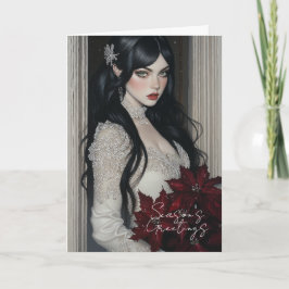 Tarjeta de hermosa dama gótica con poinsettias roj