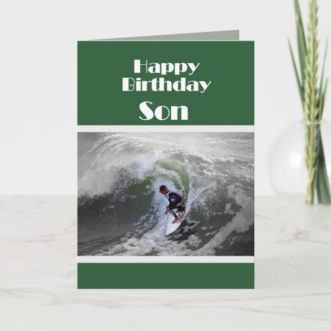 Tarjeta de hijo de cumpleaños feliz de surfista (Anverso)
