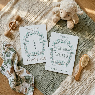 Tarjeta de hito infantil doble azul con borde flor