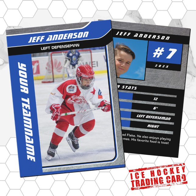 Tarjeta de hockey sobre hielo azul Metalizado (Hockey Trading Card with custom team name and hockey player name in Blue and Black)