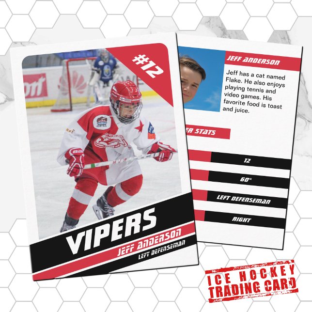 Tarjeta de hockey sobre hielo en blanco rojo y vig (Proudly share youre kids' achievements with this red white and black card)
