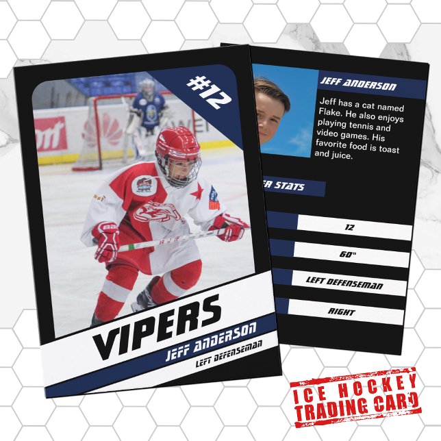 Tarjeta de hockey sobre hielo en negro azul vibran (Proudly share youre kids' achievements with this blue white card)
