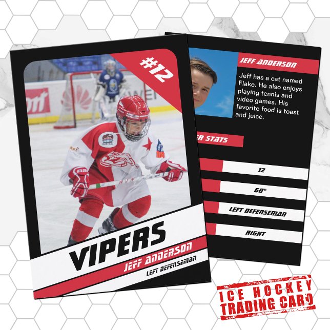Tarjeta de hockey sobre hielo en negro rojo vibran (Proudly share youre kids' achievements with this red white card)