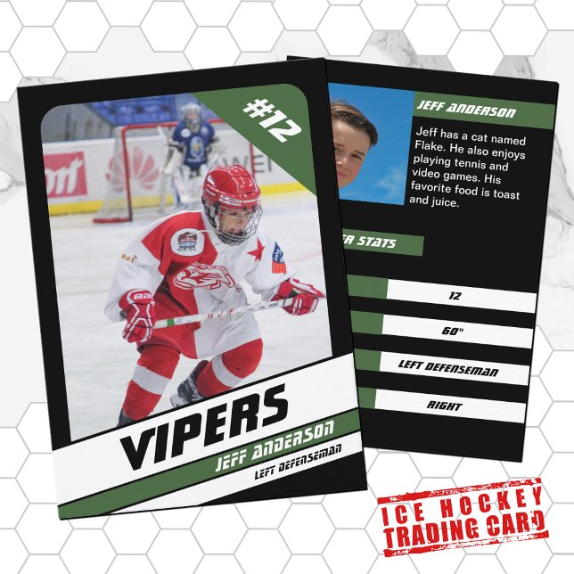 Tarjeta de hockey sobre hielo en negro verde vibra (Proudly share youre kids' achievements with this green white card)