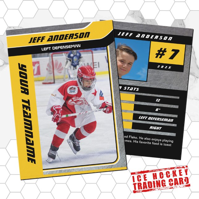 Tarjeta de hockey sobre hielo Metalizado amarillo (Hockey Trading Card with custom team name and hockey player name in Yellow and Black)