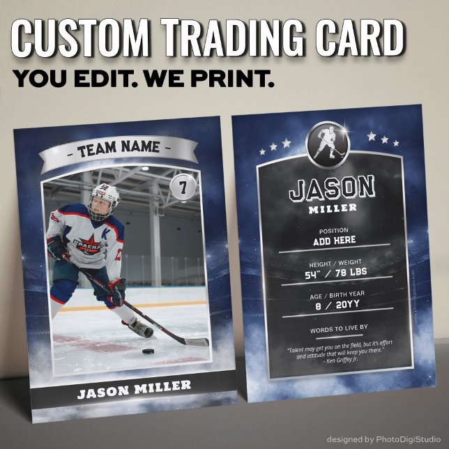 Tarjeta de hockey sobre hielo personalizado Estadi (Custom Trading Card, Editable Ice Hockey Trading Card, Modern Blue Silver Stadium Design)