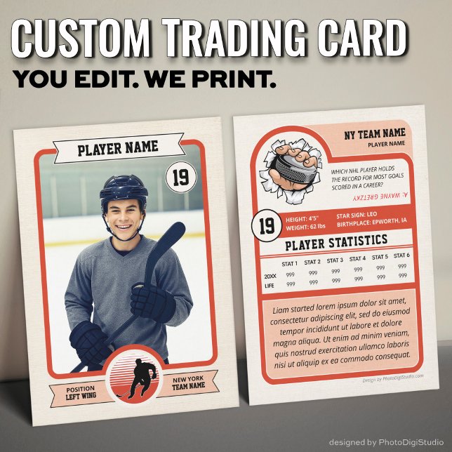 Tarjeta de hockey sobre personalizado, tarjeta de  (Vintage Custom Hockey Trading Card, Red Player Card)