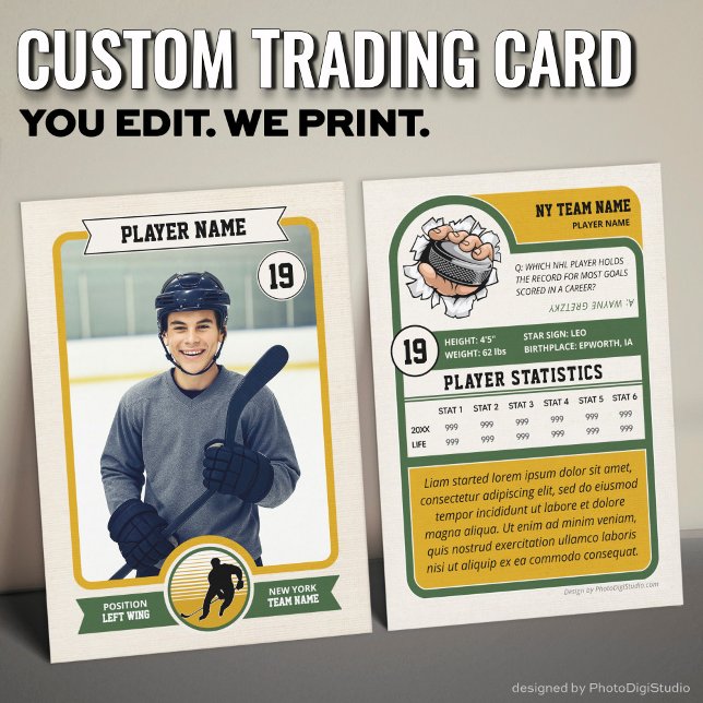 Tarjeta de hockey sobre personalizado, tarjeta de  (Vintage Custom Hockey Trading Card, Green Player Card)