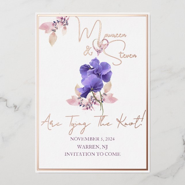 Tarjeta de hoja de estaño con flores violetas blan (Anverso)
