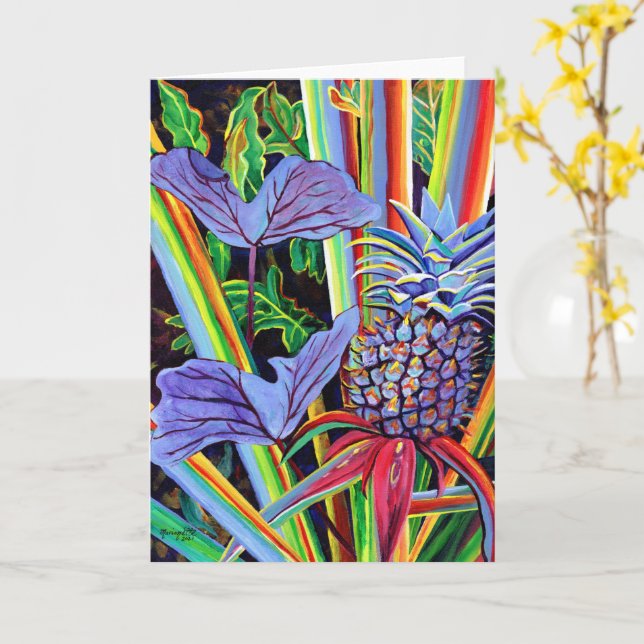 Tarjeta de hojas de piña hawaiana y taro (flor amarilla)
