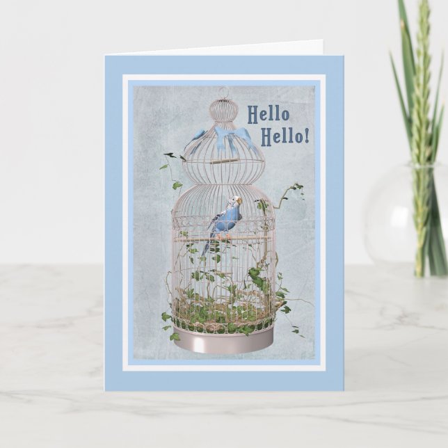 Tarjeta de Hola con Jaula de Pájaros Alegre (Anverso)