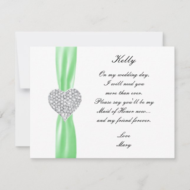 Tarjeta De Honor De Diamond Heart Green Boda (Anverso)