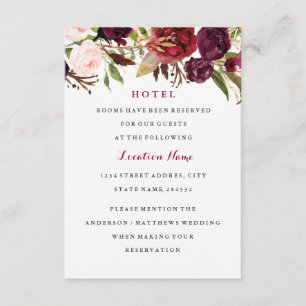 Tarjeta de Hotel Burgundy Red Floral Fall Wedding