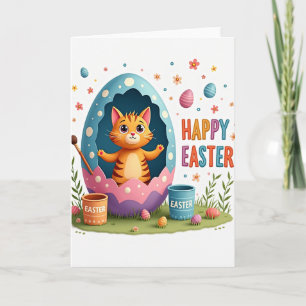 Tarjeta de huevo de Pascua de gato feliz