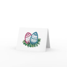 Tarjeta de huevos de Pascua rosados y azules