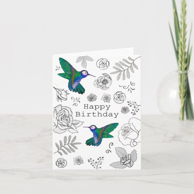 Tarjeta de Hummingbird Floral Happy Birthday (Anverso)