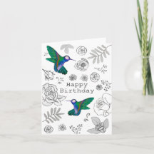 Tarjeta de Hummingbird Floral Happy Birthday