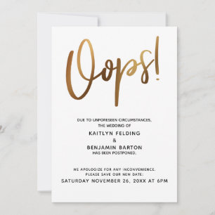 Tarjeta de humor dorado de boda pospuesta ¡Ups!
