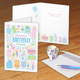 Tarjeta de iconos de cumpleaños Bright Pastel Cous