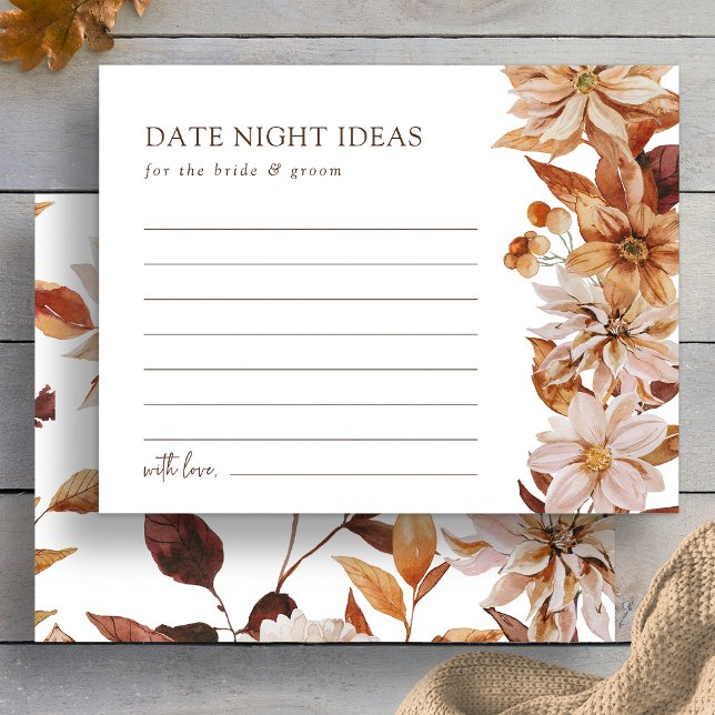 Tarjeta de ideas para una noche de cita con hojas  (Elegant Fall Terracotta Leaves Date Night Ideas Card by Painted Paperie
)