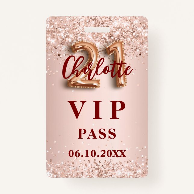 Tarjeta De Identificación 21 cumpleaños rosa pase de fiesta vip oro (Anverso)
