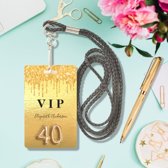 Tarjeta De Identificación 40 cumpleaños purpurina de oro gotea invitado metá (Subido por el creador)