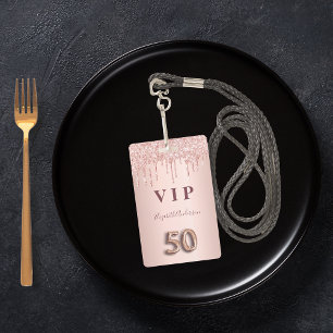 Tarjeta De Identificación 50 cumpleaños rosa purpurina oro gotea glam rosa