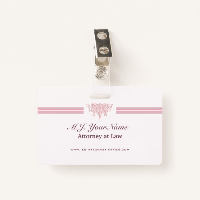 Tarjeta De Identificación Abogada de lujo, logo rosa de Justicia (Anverso con clip)